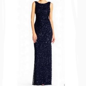 Adrianna Papell navy blue sequin gown w/ cowl back